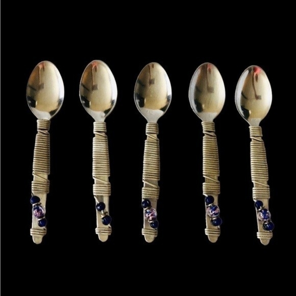 Handmade Stainless Steel Teaspoons Set of 5 Beaded South Africa Artisan NWOT